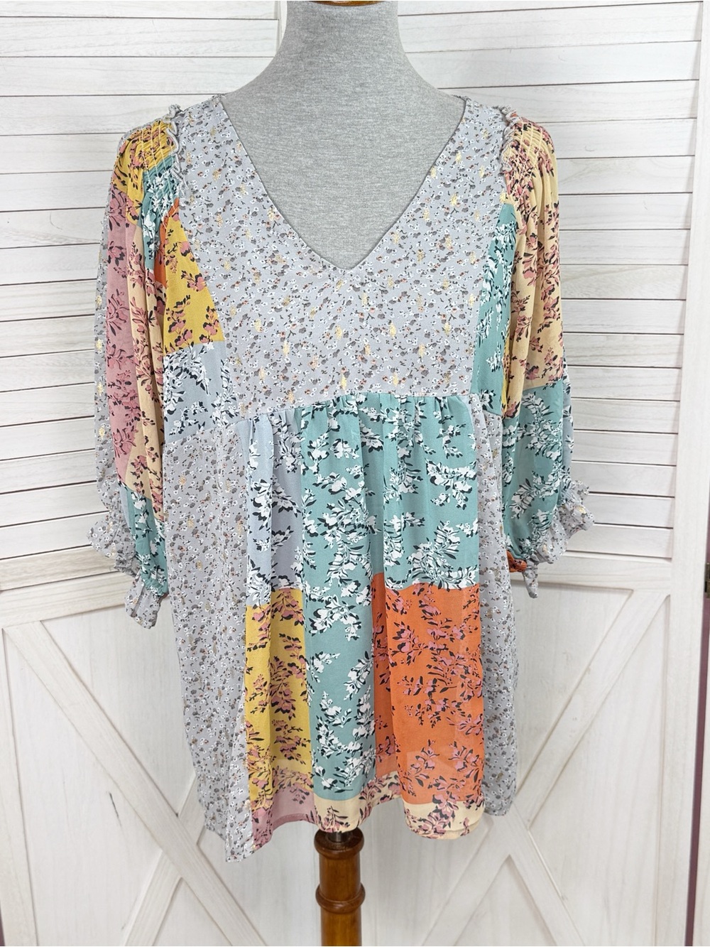 UMGEE Floral Patchwork Print V Neck Chiffon Blouse Grey Multi Medium Boho